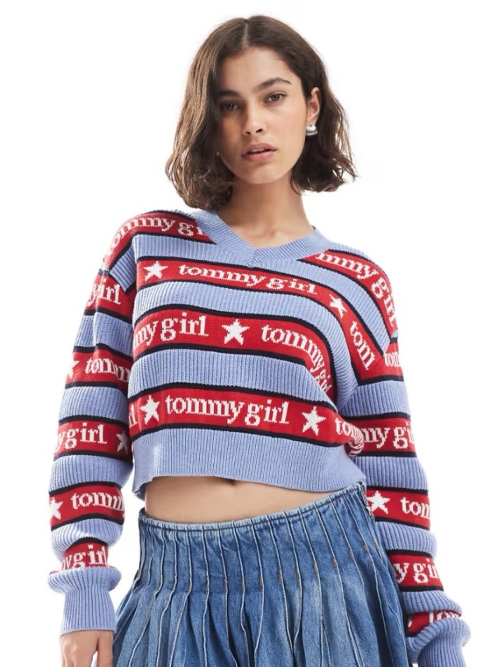 Tommy Hilfiger Light Blue & Red Striped 'Tommy Girl' Cropped V-Neck Sweater